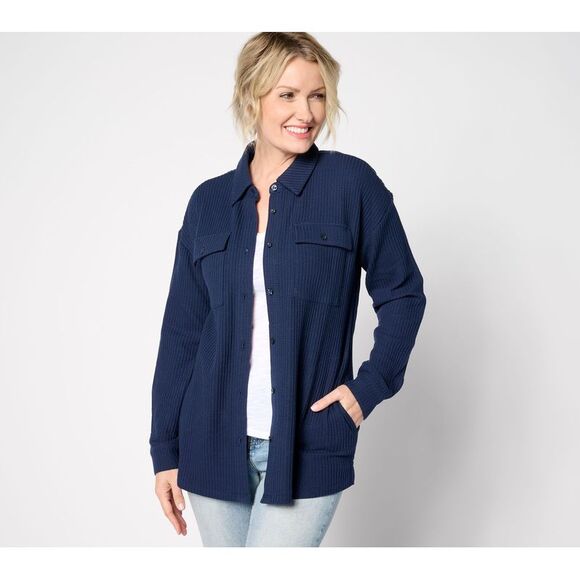 Denim & Co. Women's Jacket Sz M Spring Waffle Knit Shirt Blue A635979 - Picture 1 of 4